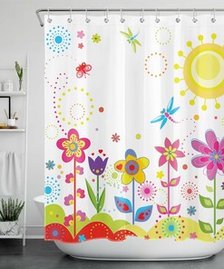 Spring Cartoon Flowers and Butterflies Bathroom Curtain for a Playful Look