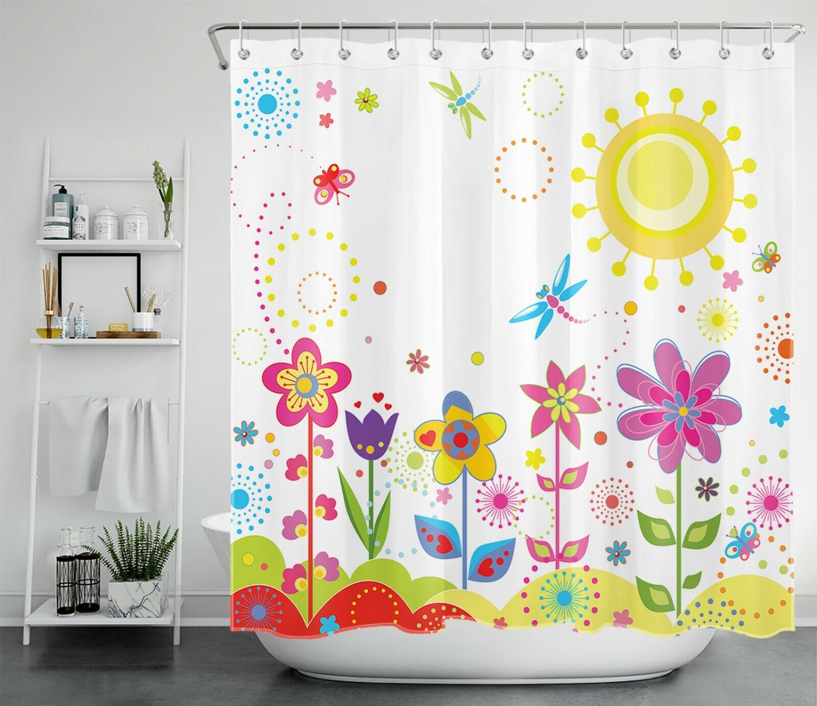 Spring Cartoon Flowers and Butterflies Bathroom Curtain for a Playful Look