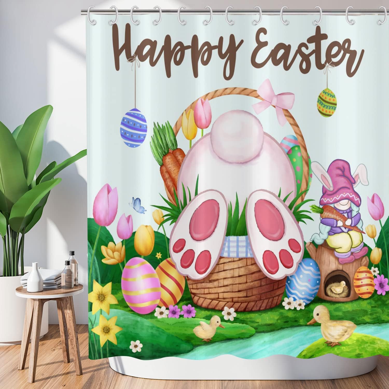 Spring Colorful Easter Eggs With Floral Shower Curtain For Bathroom
