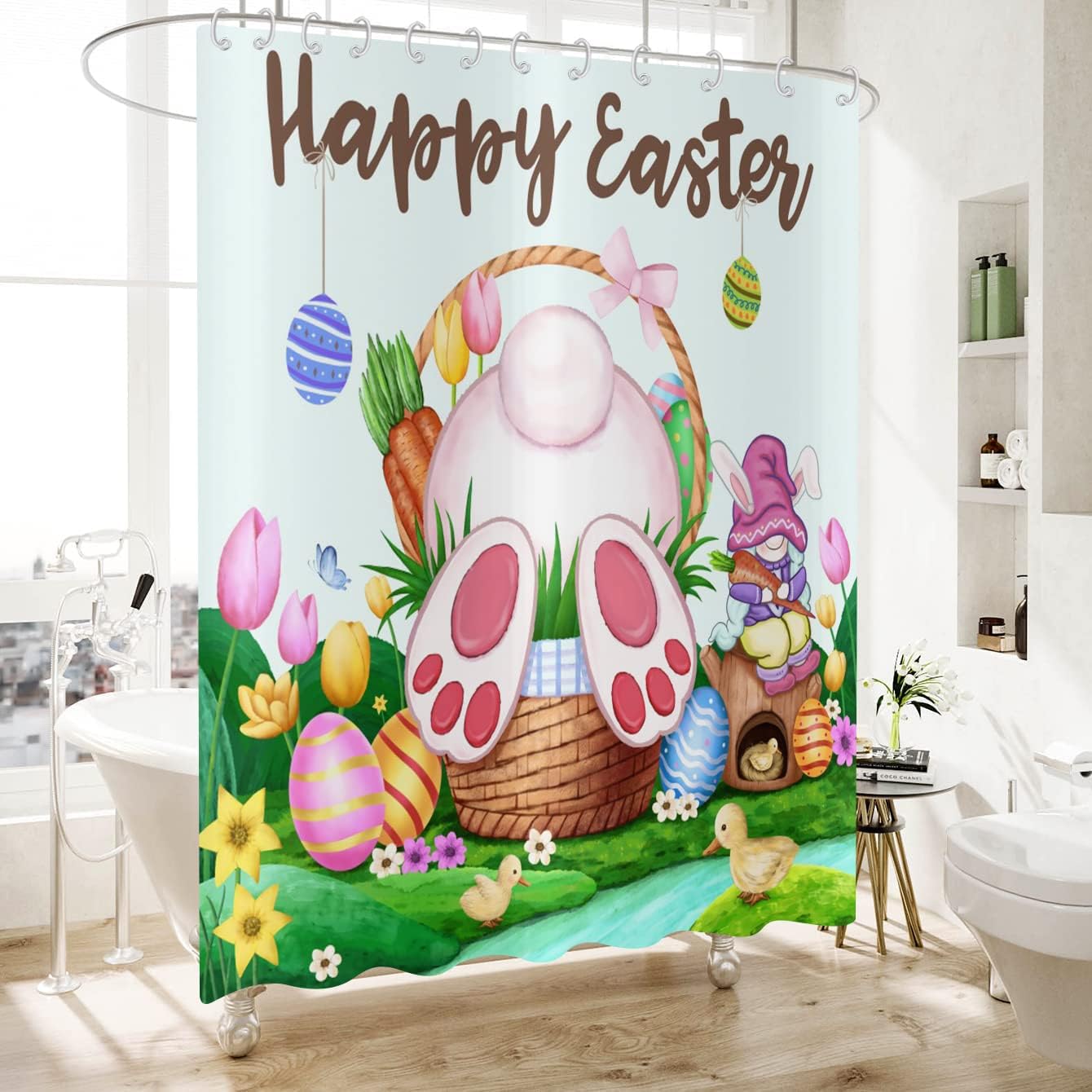 Spring Colorful Easter Eggs With Floral Shower Curtain For Bathroom