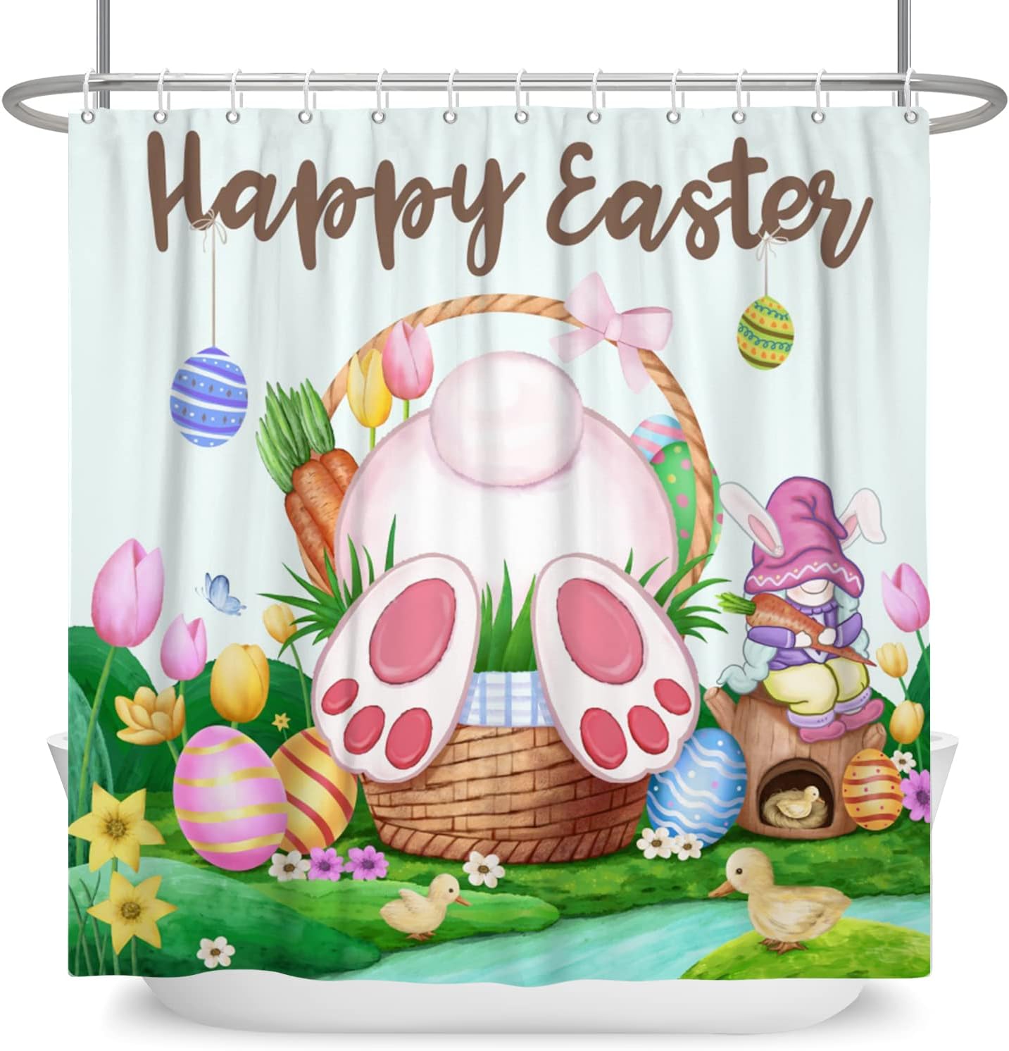 Spring Colorful Easter Eggs With Floral Shower Curtain For Bathroom