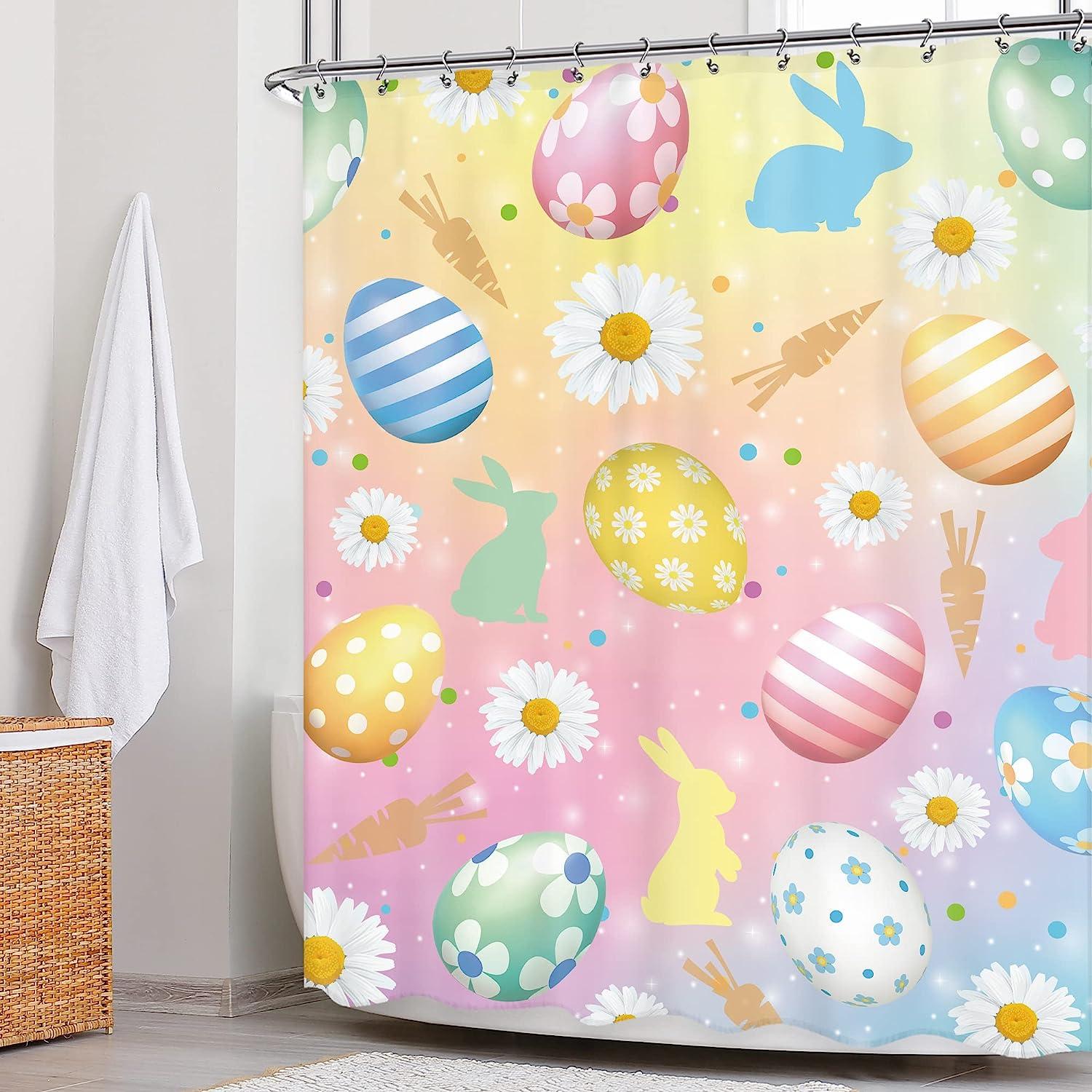 Spring Colorful Flower With Happy Easter Eggs Unique Shower Curtains Print Funny Pastel Shower Curtain