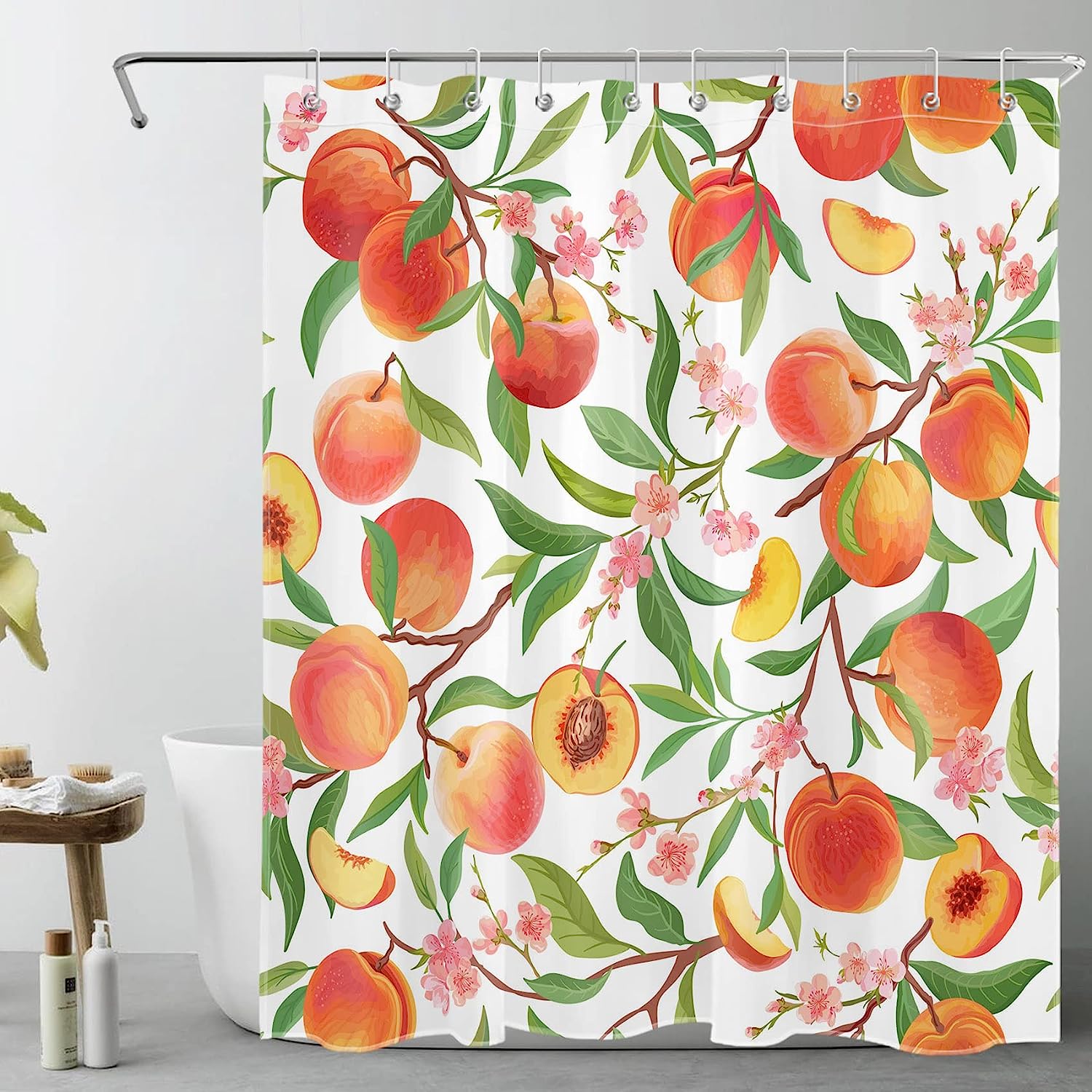 Spring Country Peach Floral Shower Curtain With White Background,