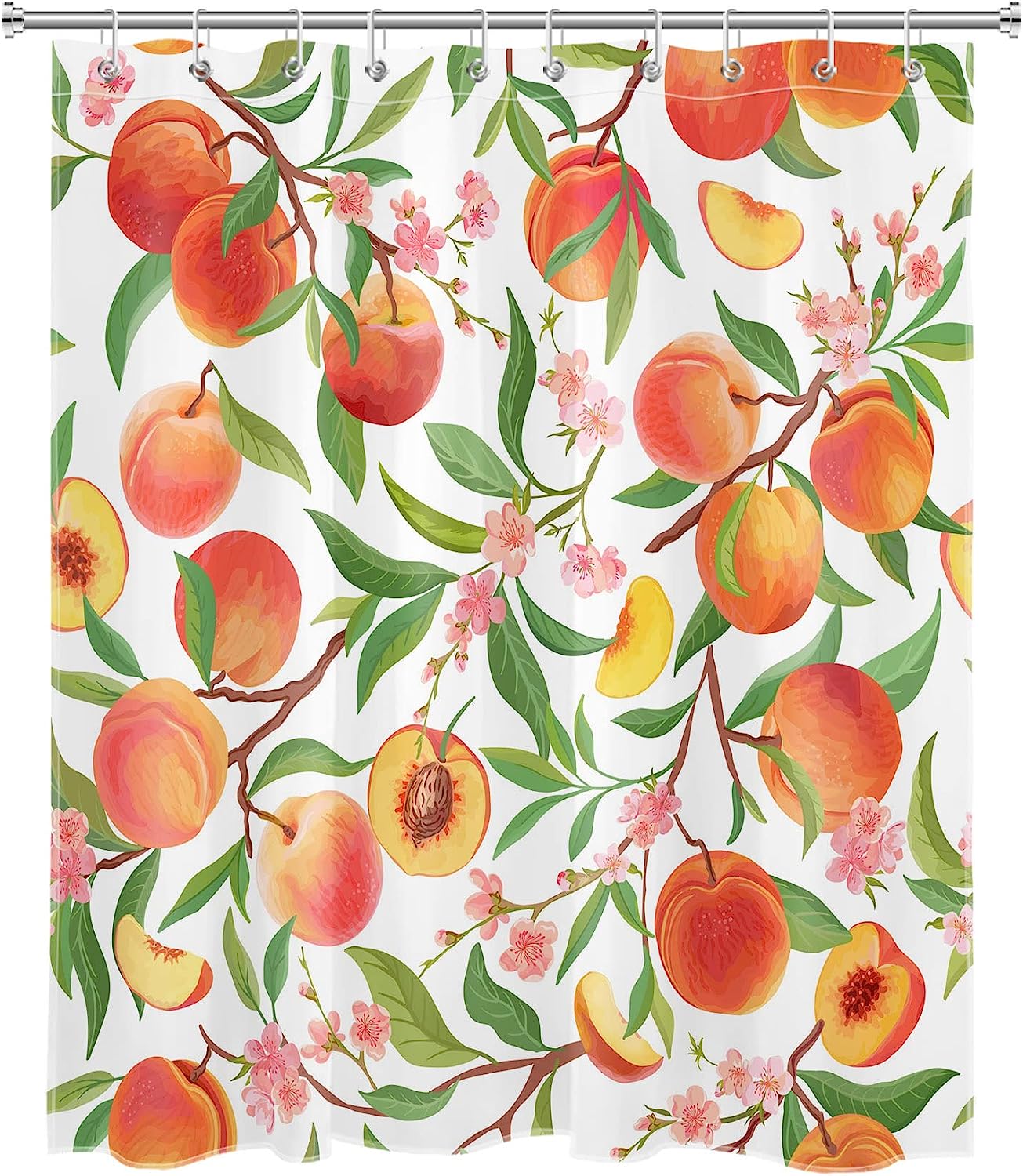 Spring Country Peach Floral Shower Curtain With White Background, - Image 2