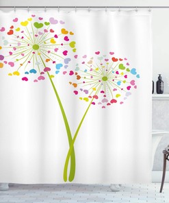 Spring Dandelion Flowers With Heart Shaped Petals Shower Curtain, Romance Valentines Design Cloth Fabric Bathroom Decors