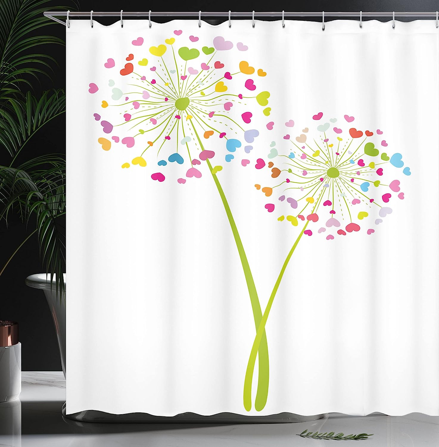 Spring Dandelion Flowers With Heart Shaped Petals Shower Curtain, Romance Valentines Design Cloth Fabric Bathroom Decors - Image 3