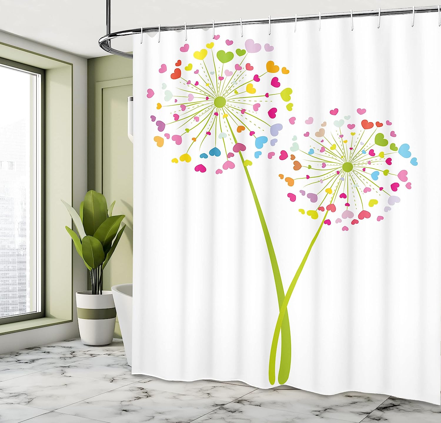 Spring Dandelion Flowers With Heart Shaped Petals Shower Curtain, Romance Valentines Design Cloth Fabric Bathroom Decors - Image 4