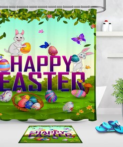 Spring Easter Bunny Eggs Shower Curtain With Waterproof Fabric And Bath Hooks