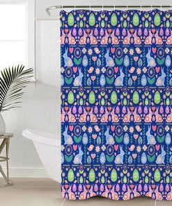 Spring Easter Navy Blue Pink Teal Floral Shower Curtain with Polyester Fabric