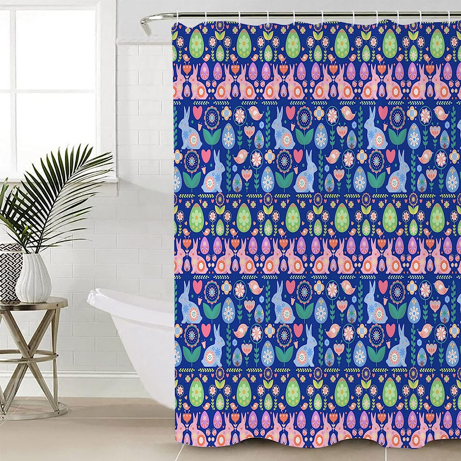 Spring Easter Navy Blue Pink Teal Floral Shower Curtain with Polyester Fabric