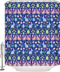 Spring Easter Navy Blue Pink Teal Floral Shower Curtain with Polyester Fabric