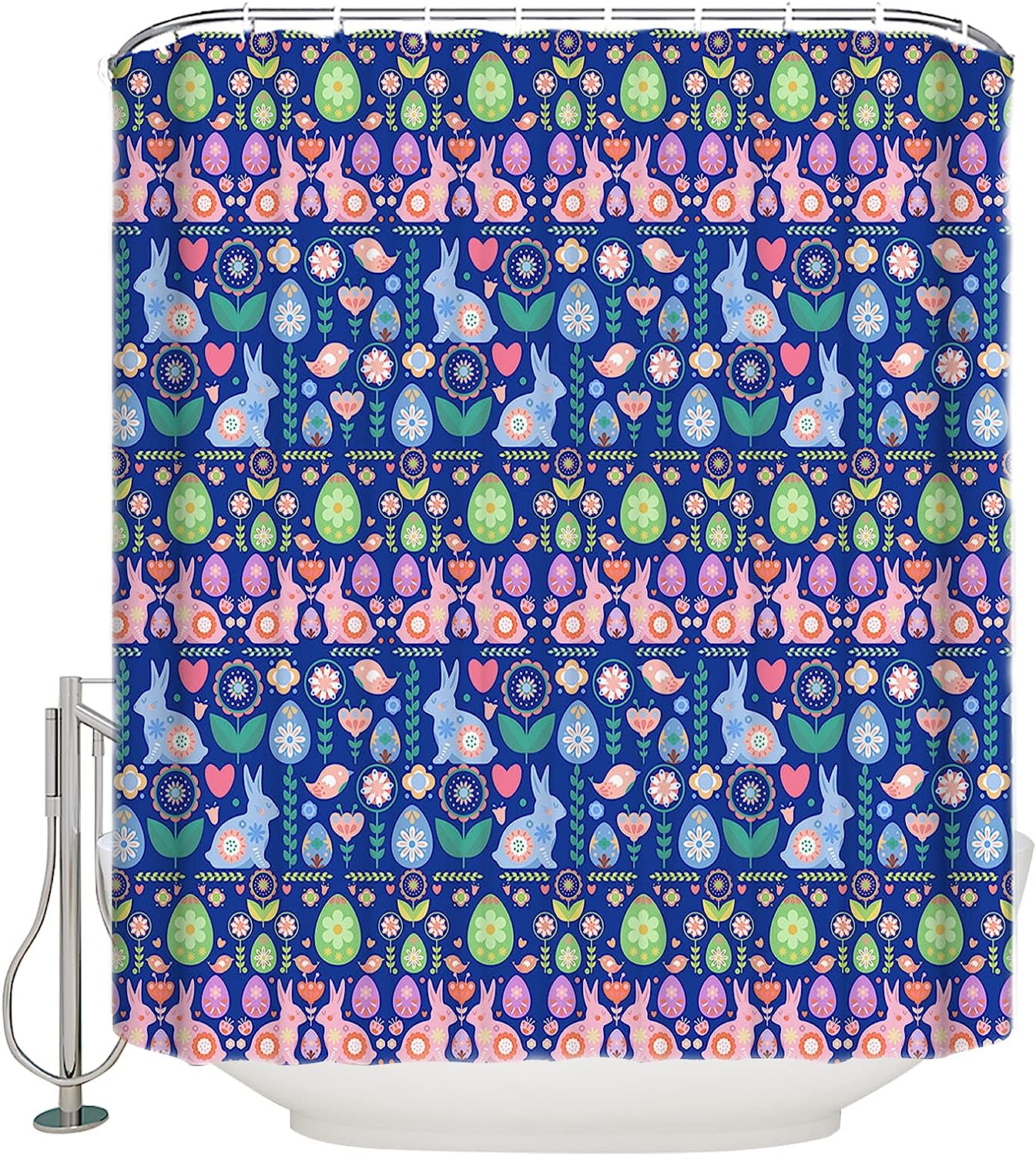 Spring Easter Navy Blue Pink Teal Floral Shower Curtain with Polyester Fabric
