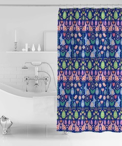 Spring Easter Navy Blue Pink Teal Floral Shower Curtain with Polyester Fabric