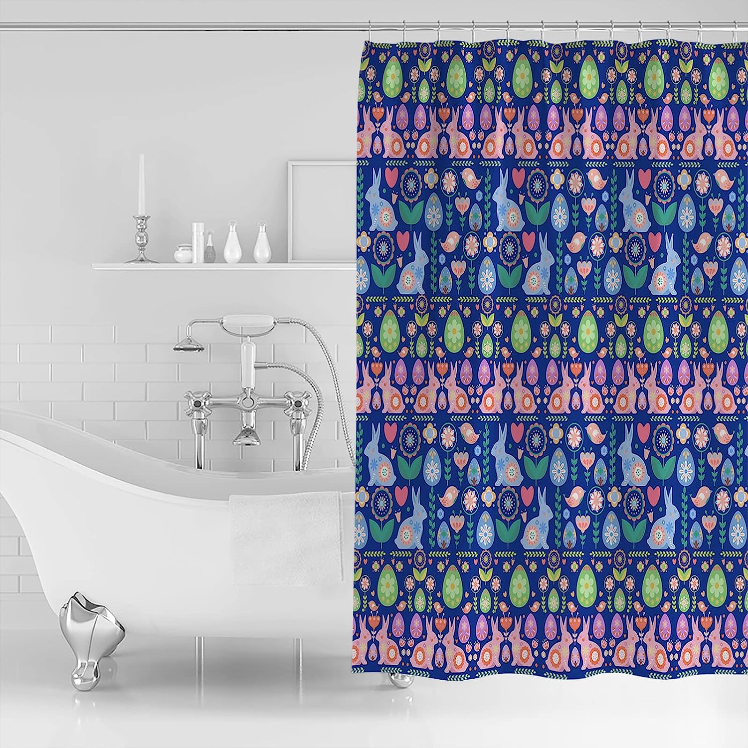 Spring Easter Navy Blue Pink Teal Floral Shower Curtain with Polyester Fabric