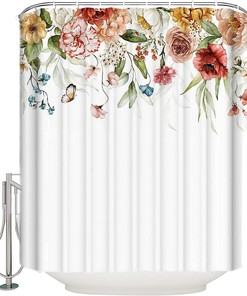 Spring Farmhouse Watercolor Flower Rose Butterfly Shower Curtain Waterproof Fabric Bathroom Decors