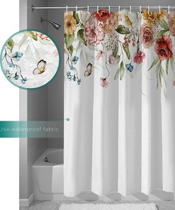 Spring Farmhouse Watercolor Flower Rose Butterfly Shower Curtain Waterproof Fabric Bathroom Decors 