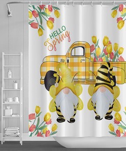 Spring Floral Botanical Shower Curtain with Hummingbirds and Gnomes for Bathroom Decoration