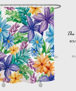 Spring Floral Fabric Shower Curtain With Colorful Flowers, Minimalist Waterproof Washable Bath Accessory