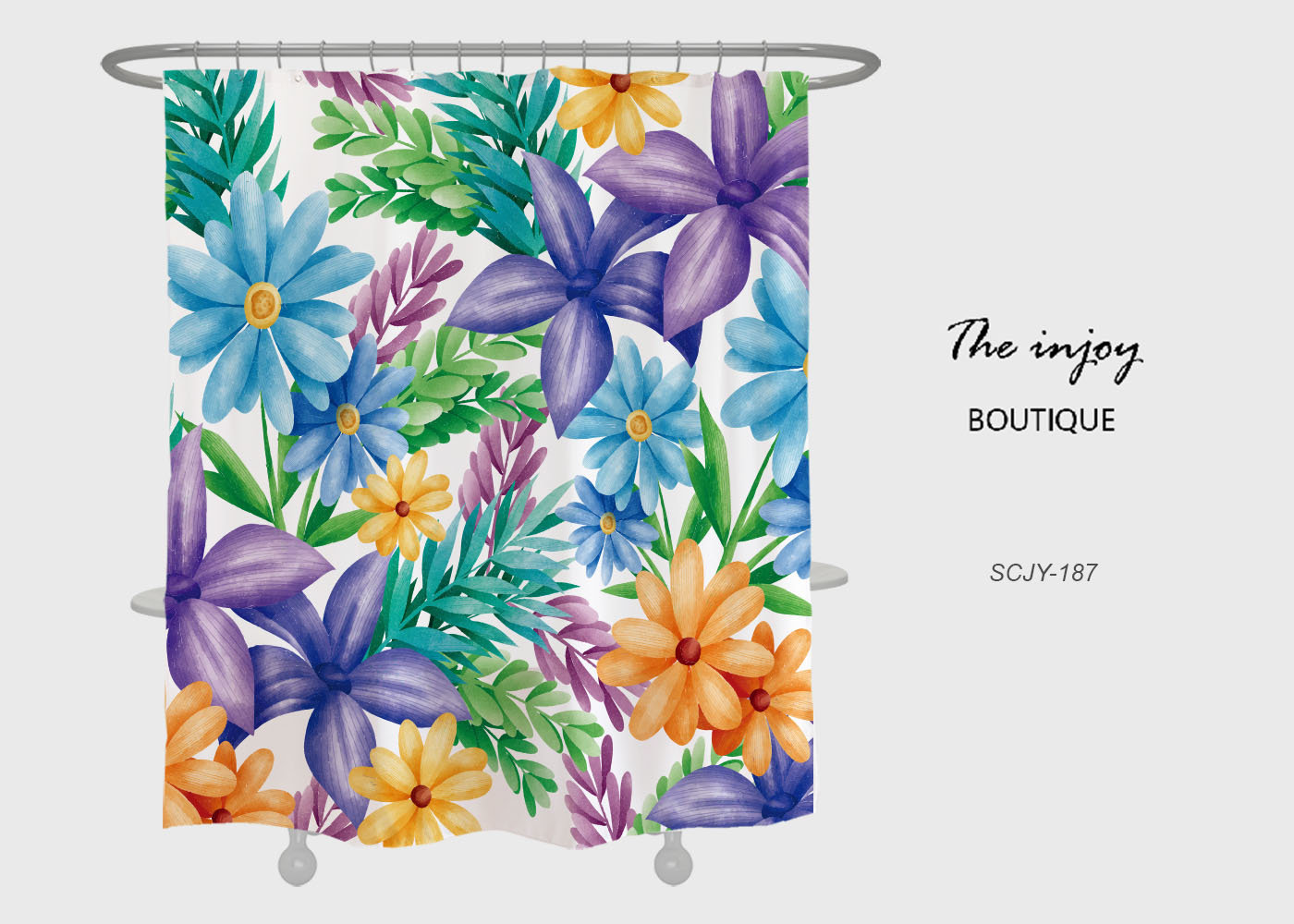Spring Floral Fabric Shower Curtain With Colorful Flowers, Minimalist Waterproof Washable Bath Accessory