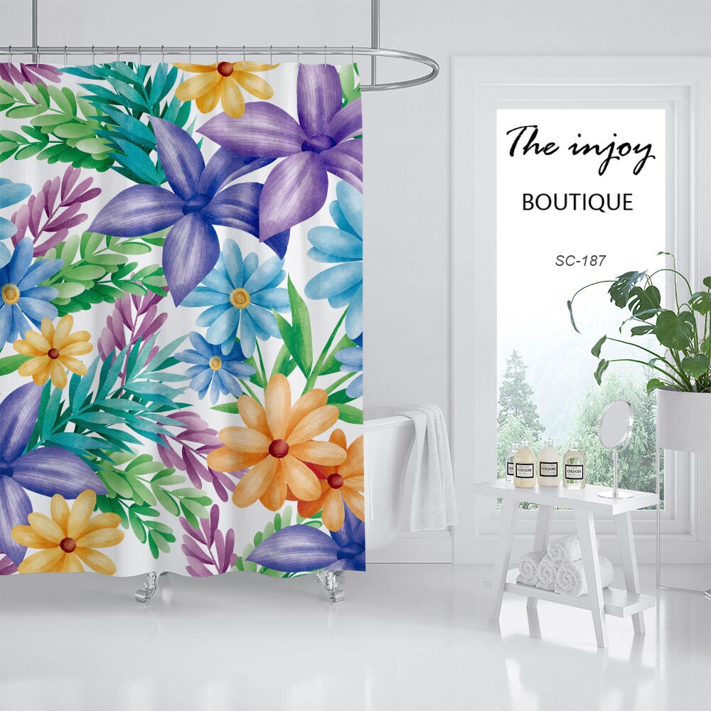 Spring Floral Fabric Shower Curtain With Colorful Flowers, Minimalist Waterproof Washable Bath Accessory - Image 2