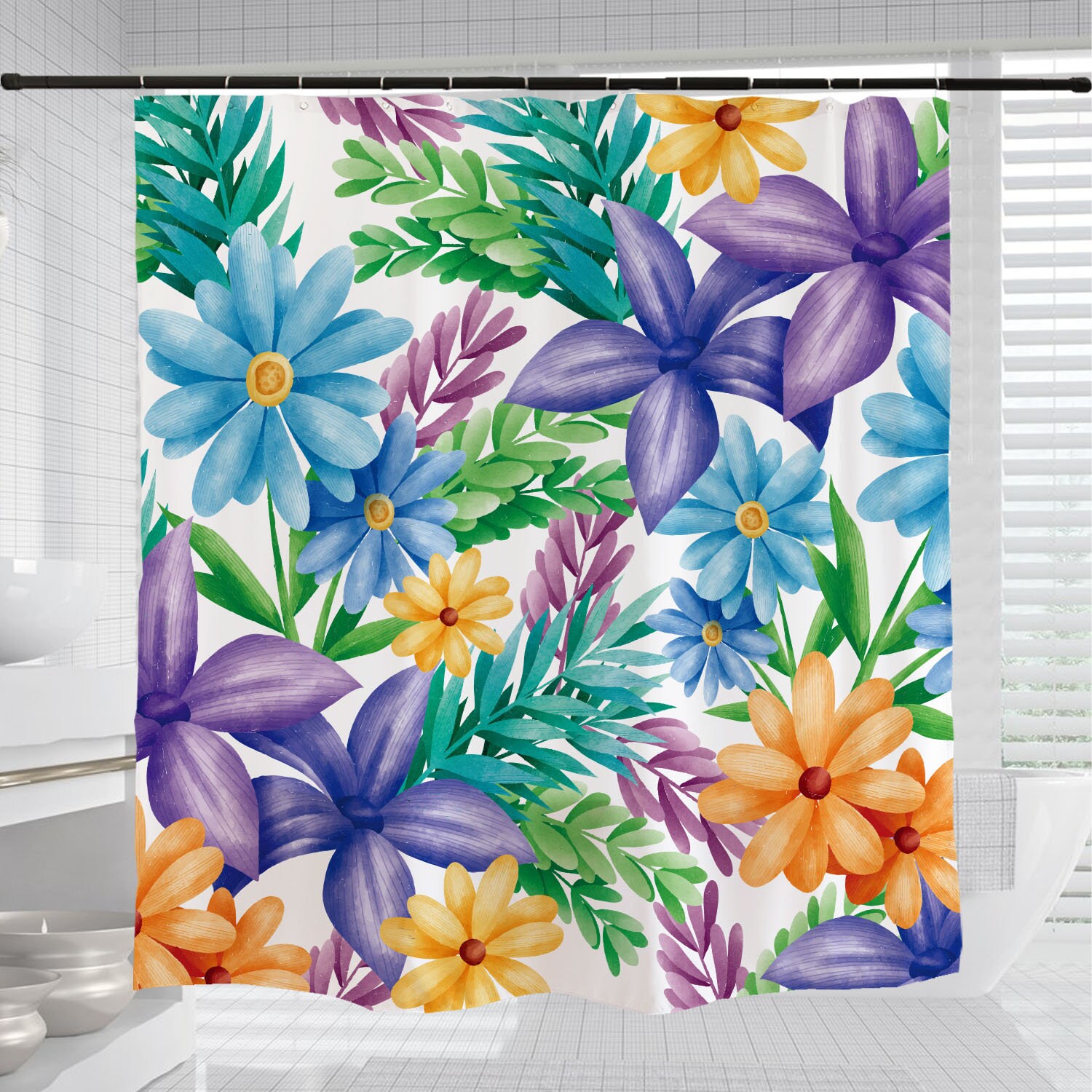 Spring Floral Fabric Shower Curtain With Colorful Flowers, Minimalist Waterproof Washable Bath Accessory - Image 3