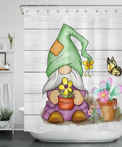 Spring Flower Butterfly Funny Gnome Shower Curtain - Cute Bathroom Accessory
