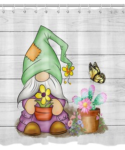 Spring Flower Butterfly Funny Gnome Shower Curtain - Cute Bathroom Accessory