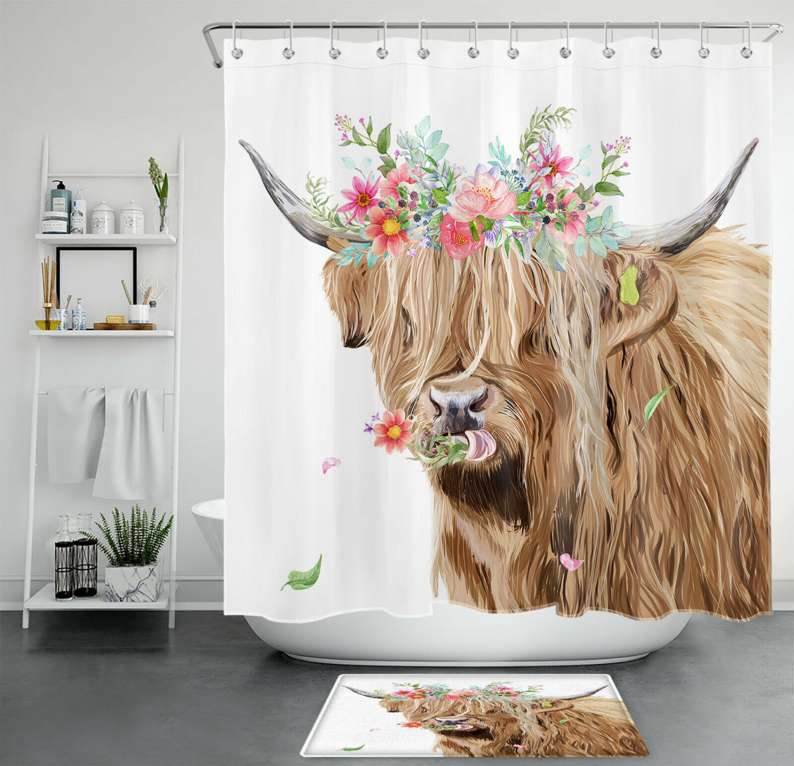 Spring Flower Farm Animal Cow Shower Curtain - Funny Bathroom Decor
