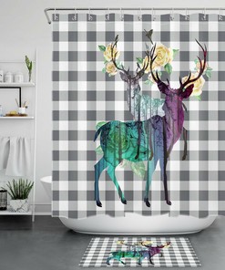 Spring Flower Shower Curtain - Elk Shaded Grid Shower Curtain for Nature-Inspired Bathroom Decor