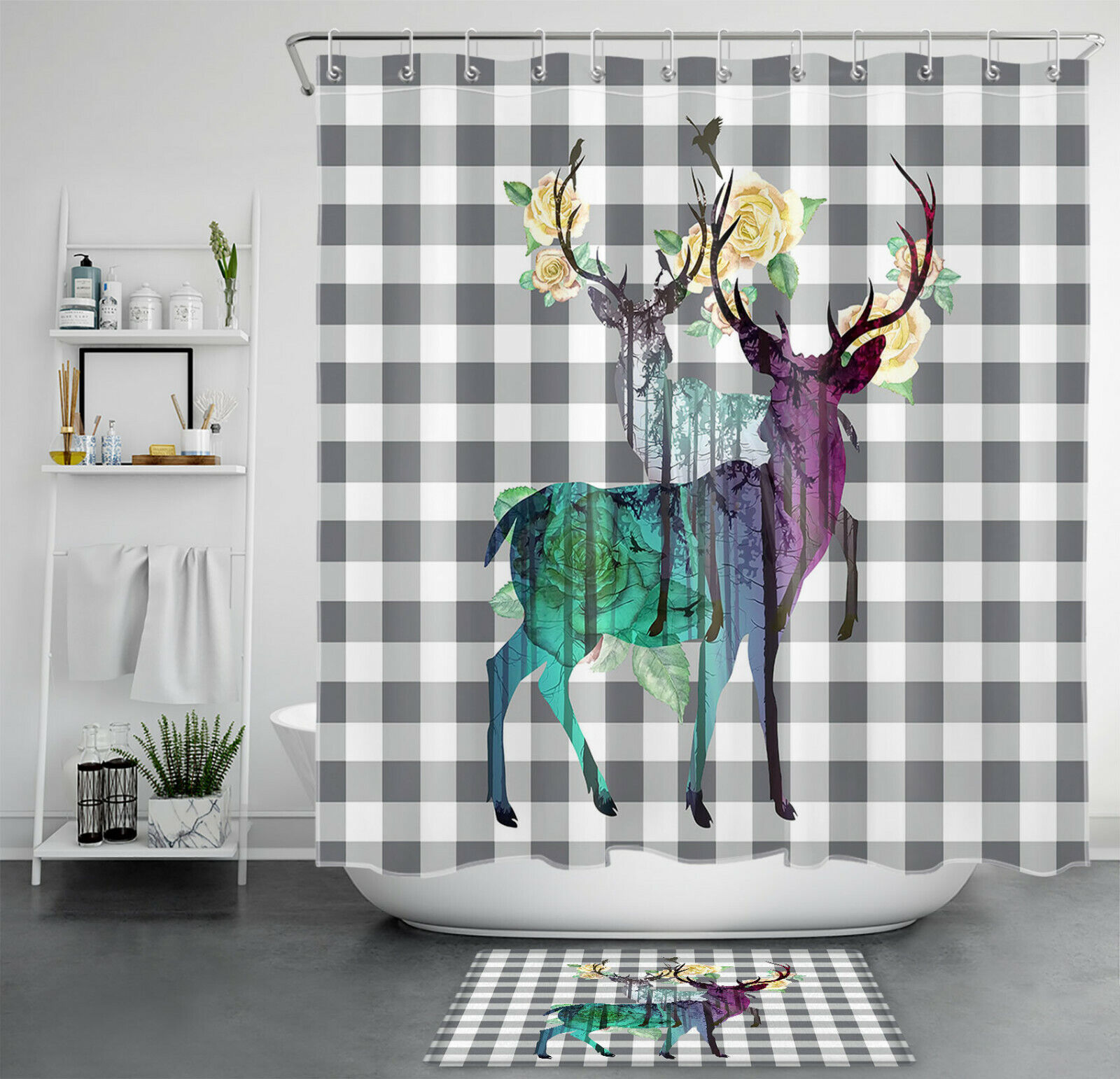 Spring Flower Shower Curtain - Elk Shaded Grid Shower Curtain for Nature-Inspired Bathroom Decor