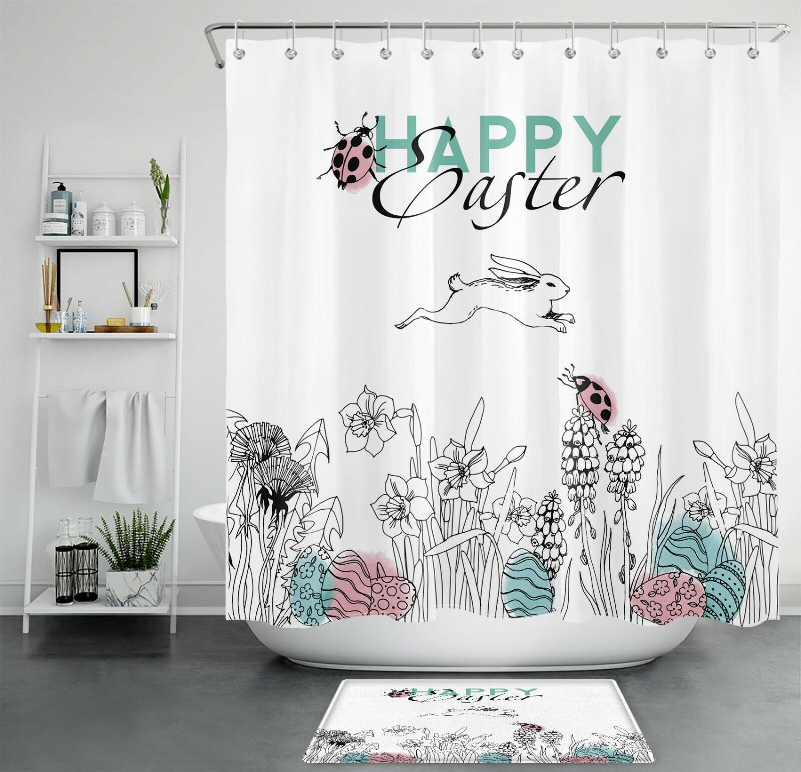 Spring Flowers And Rabbit Easter Shower Curtain For Bathroom Accessories