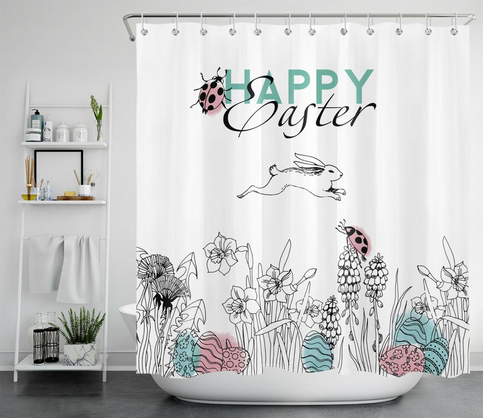 Spring Flowers And Rabbit Easter Shower Curtain For Bathroom Accessories