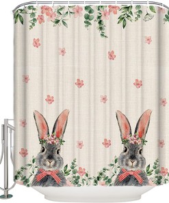 Spring Flowers Bunny Eucalyptus Plants Shower Curtain - Waterproof Bath Curtain For Spring Bathroom Decor