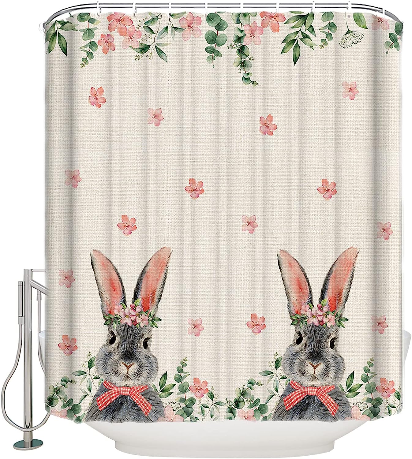Spring Flowers Bunny Eucalyptus Plants Shower Curtain - Waterproof Bath Curtain For Spring Bathroom Decor