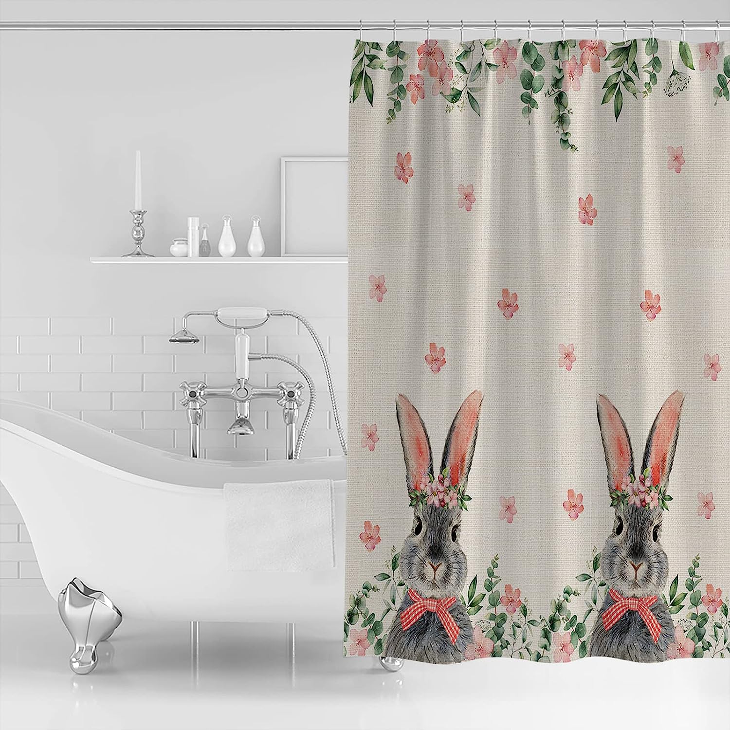 Spring Flowers Bunny Eucalyptus Plants Shower Curtain - Waterproof Bath Curtain For Spring Bathroom Decor - Image 2
