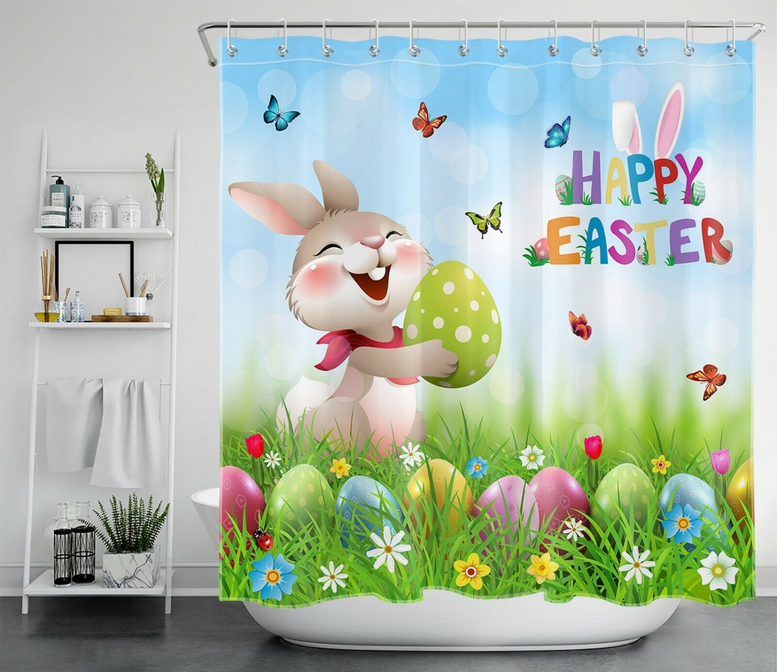 Spring Flowers Easter Rabbit Shower Curtain For Bathroom Decor