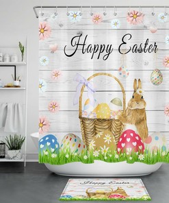 Spring Flowers With Bunny Eggs Shower Curtain For Easter Bathroom Decor