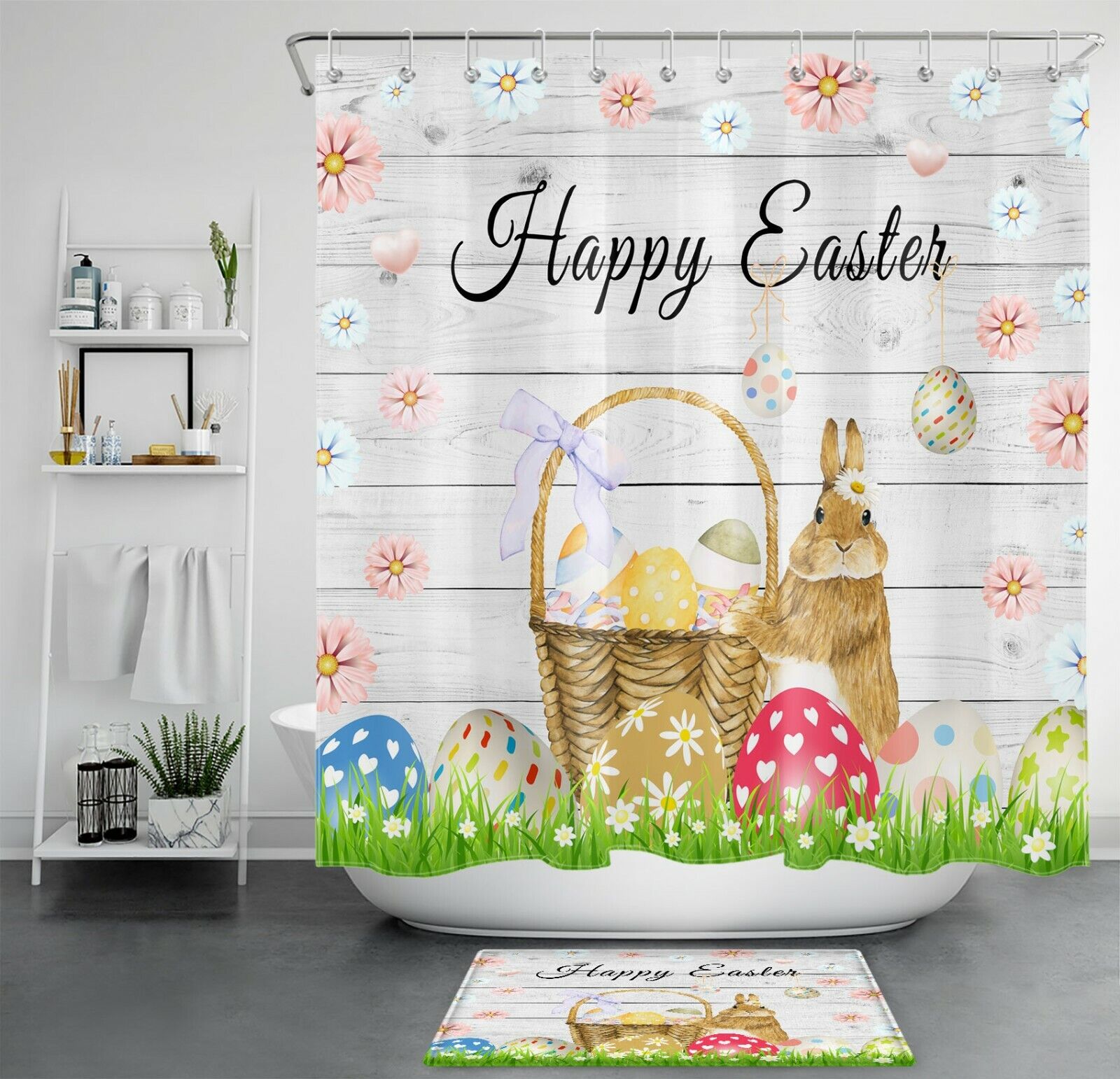 Spring Flowers With Bunny Eggs Shower Curtain For Easter Bathroom Decor