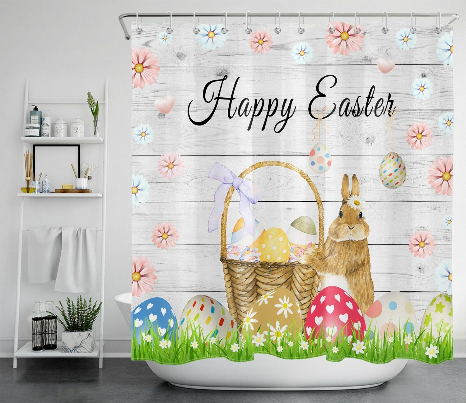 Spring Flowers With Bunny Eggs Shower Curtain For Easter Bathroom Decor