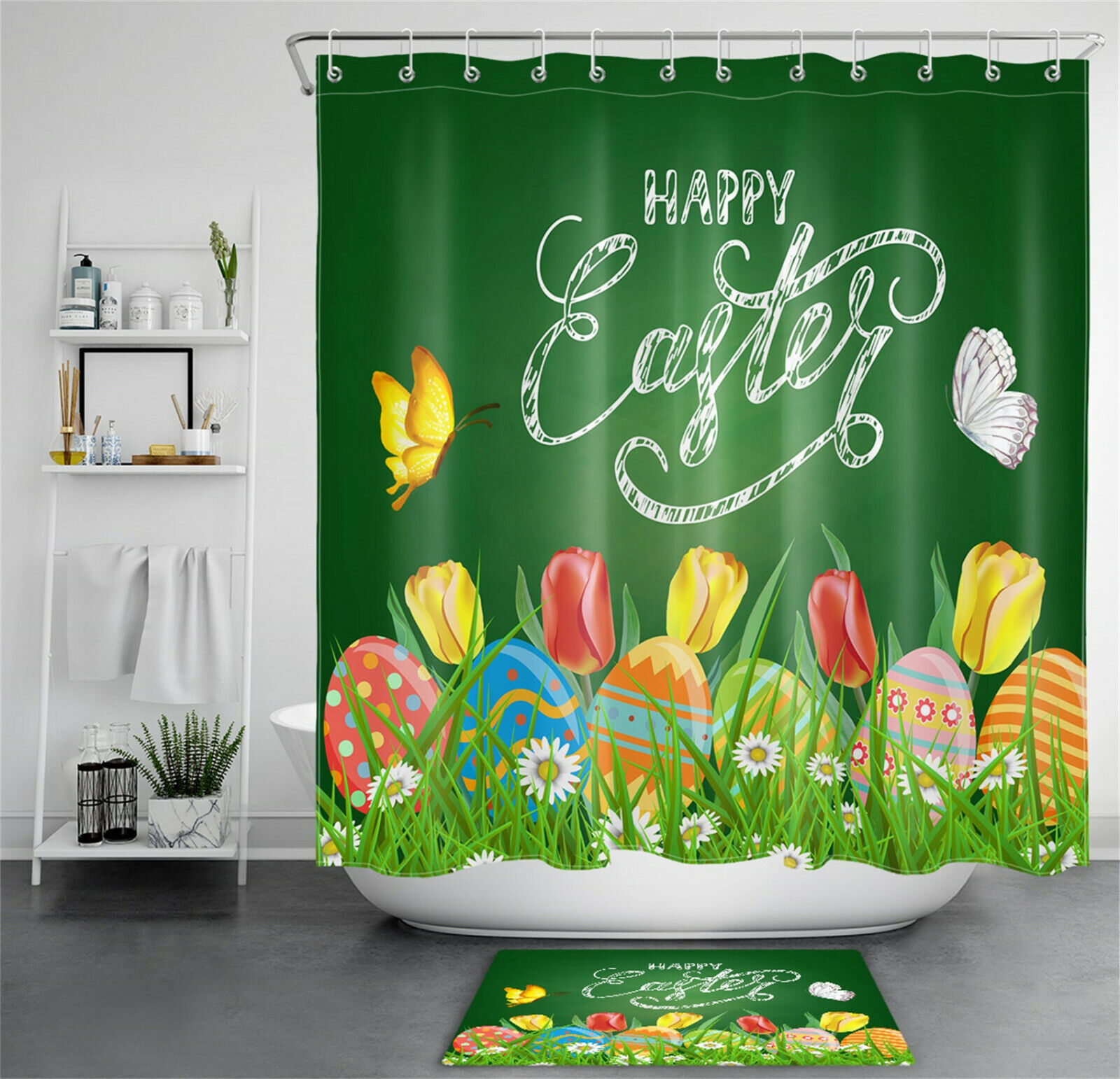 Spring Flowers With Egg Butterfly Shower Curtain For Bathroom Accessory