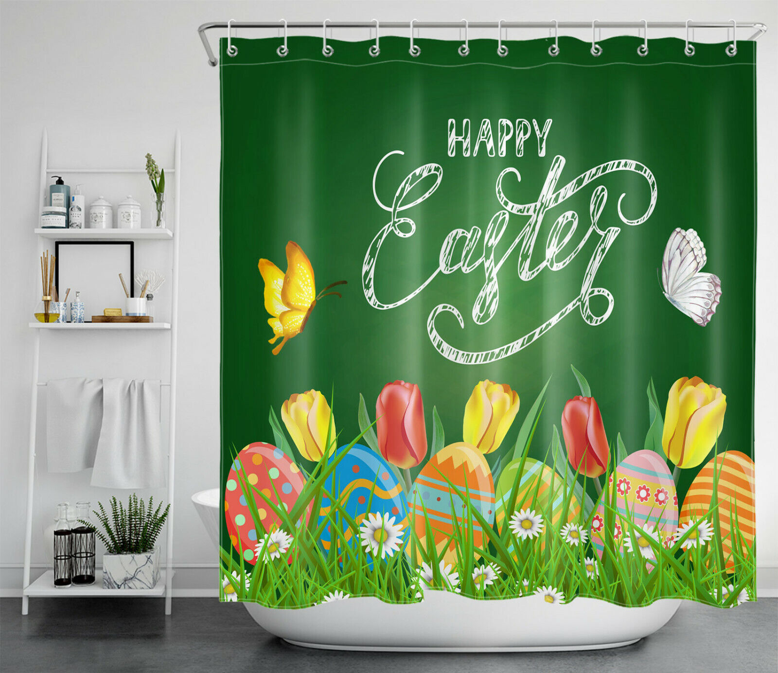Spring Flowers With Egg Butterfly Shower Curtain For Bathroom Accessory