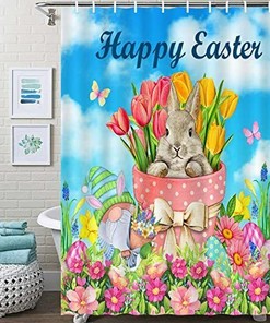 Spring Flowers With Gnomes And Easter Eggs Shower Curtain For Bathroom