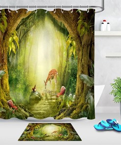 Spring Forest Deer Cute Squirrel Waterproof Fabric Shower Curtain - Add Nature To Your Bathroom Decorr