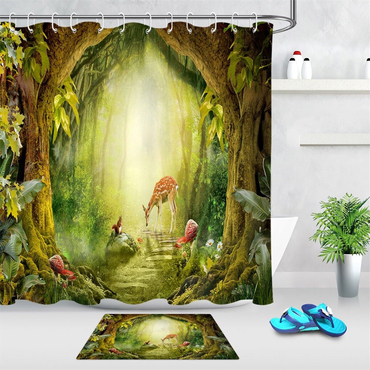 Spring Forest Deer Cute Squirrel Waterproof Fabric Shower Curtain - Add Nature To Your Bathroom Decorr