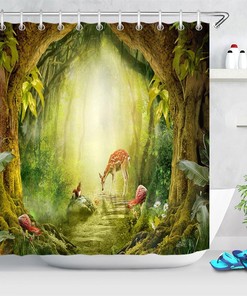 Spring Forest Deer Cute Squirrel Waterproof Fabric Shower Curtain - Add Nature To Your Bathroom Decorr