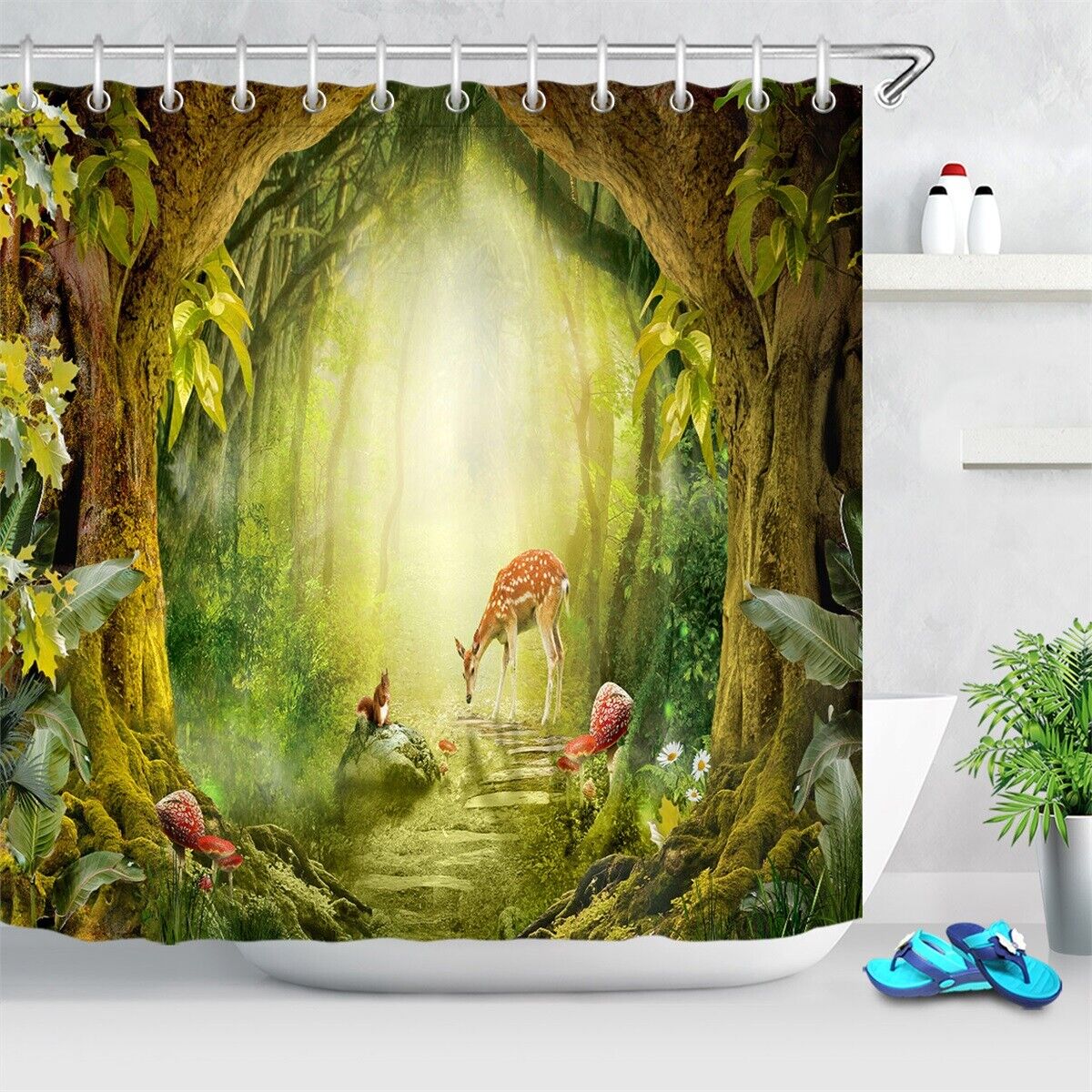 Spring Forest Deer Cute Squirrel Waterproof Fabric Shower Curtain - Add Nature To Your Bathroom Decorr