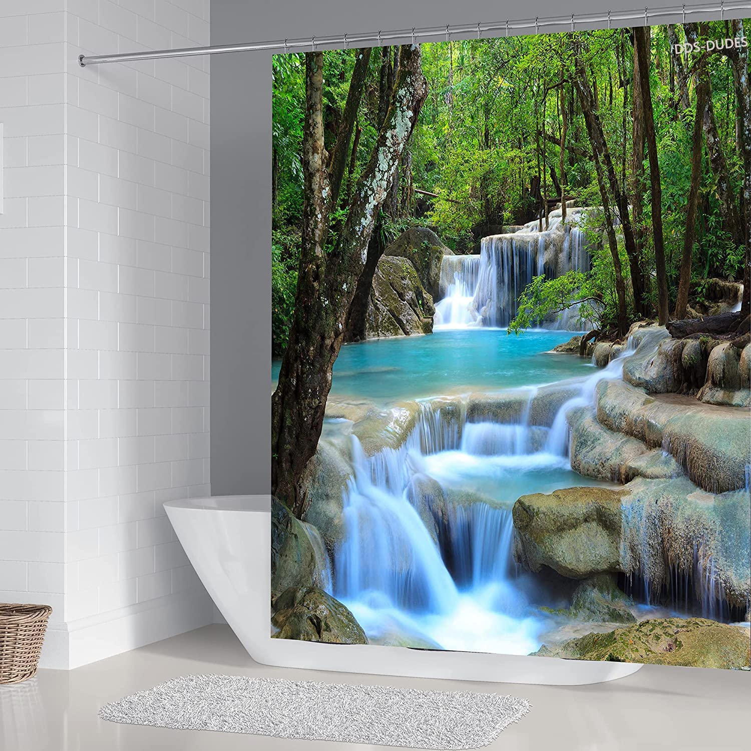 Spring Forest Waterfall Shower Curtain For Nature Bathroom Decor - Image 2