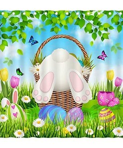 Spring Funny Bunny Bathroom Blue Sky Green Leaves Grass Scenery Shower Curtain