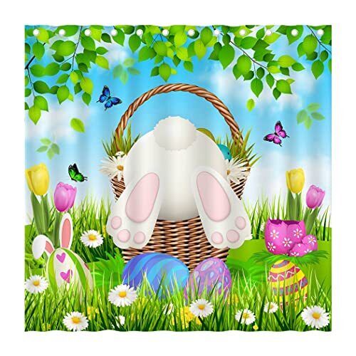 Spring Funny Bunny Bathroom Blue Sky Green Leaves Grass Scenery Shower Curtain
