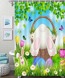 Spring Funny Bunny Bathroom Blue Sky Green Leaves Grass Scenery Shower Curtain
